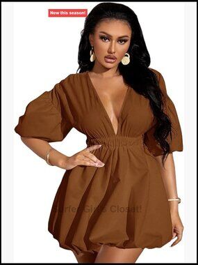 Deep V Neck Puff Sleeve Flare Ruffle Summer Dress